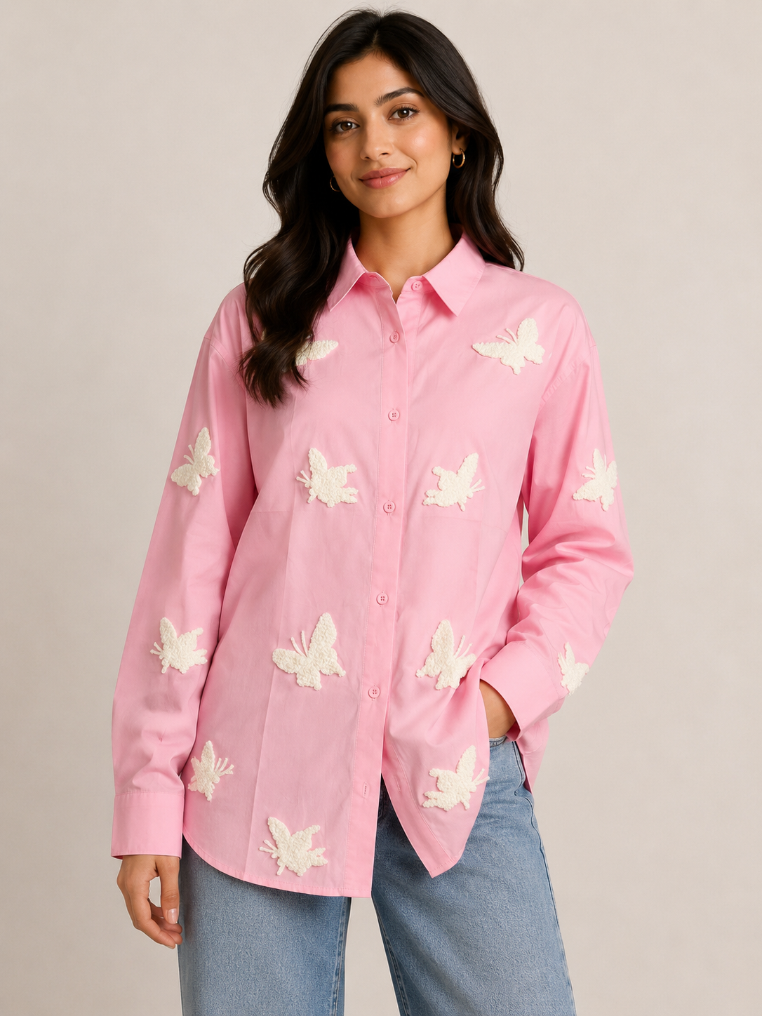 Pink embroidered Butterfly shirt